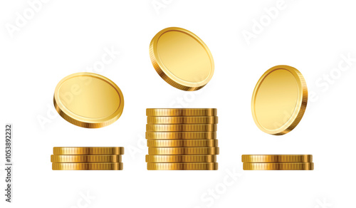 Gold coins stack. Pile of money. Finance, investment and savings concept. Game elements. Pile of gold money. Treasure pile.