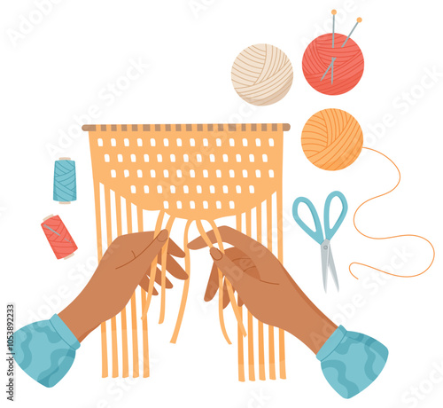 Hands hold colorful yarn and scissors while engaging in a handmade craft activity. DIY sticker tools and fabric enhance creative process. Concept of art, crafting, hobbies, suitable for workshops.