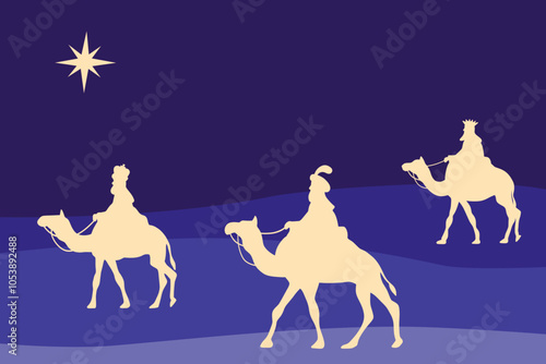 Three Wise Men Silhouettes Following Christmas Star - SVG