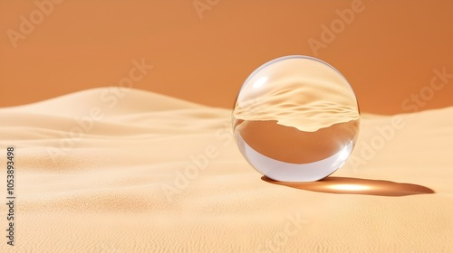 Futuristic Desert Oasis with Glowing Heat Shields and Mirrored Sand Dunes - Sci-Fi Landscape Featuring a Radiant Globe photo