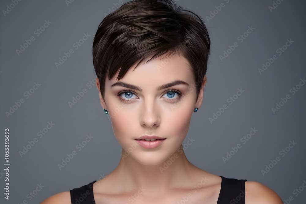 Portrait of a young woman with dark short hair, and blue eyes, against a gray background. Portrait of a young woman with dark short hair, and blue eyes, against a gray background.