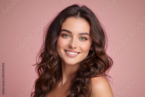 Portrait of a beautiful smiling woman with brunette hair, striking green eyes, healthy skin, and a perfect white smile against a soft pink background.