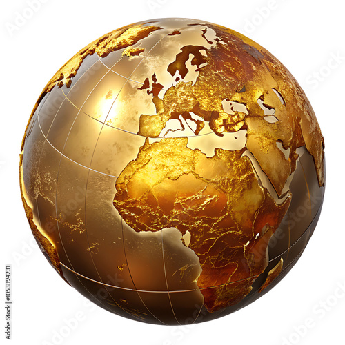 3D glowing golden color globe with view of Europe and Africa, white isolated background