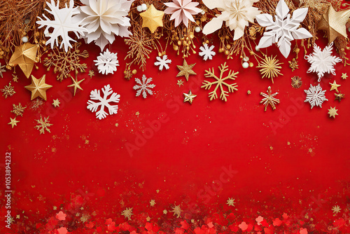 Festive Red Christmas Background with Golden and White Snowflakes