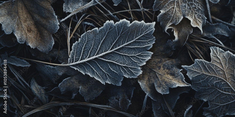 Dark autumn leaves covered in frost, creating a striking contrast between frozen textures and muted fall colors Dark autumn leaves covered in frost, creating a striking contrast between frozen textures and muted fall colors