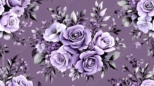 Purple Watercolor Floral Pattern, roses, flowers, leaves, botanical, seamless