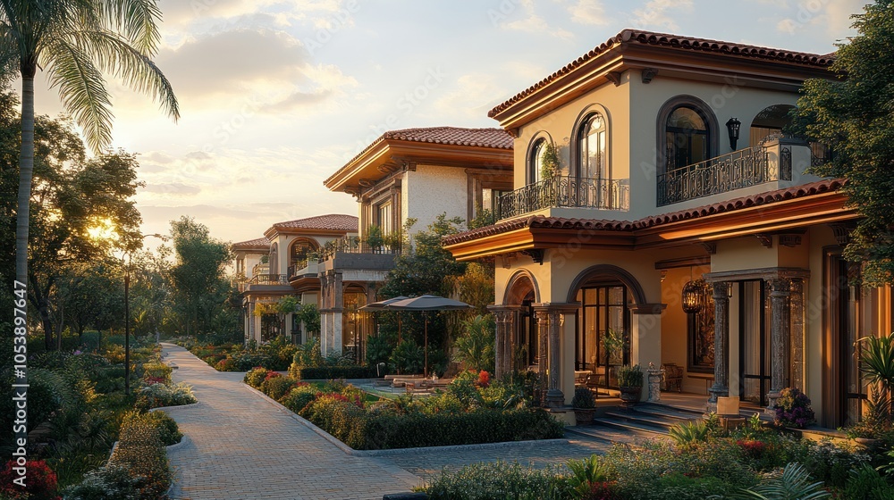 Elegant houses surrounded by lush gardens at sunset. Elegant houses surrounded by lush gardens at sunset.
