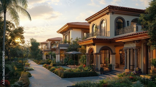 Elegant houses surrounded by lush gardens at sunset.