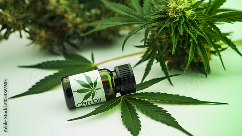 A small bottle of CBD oil labeled with a cannabis leaf symbol positioned near a vibrant cannabis plant, symbolizing natural remedies and alternative medicine trends.