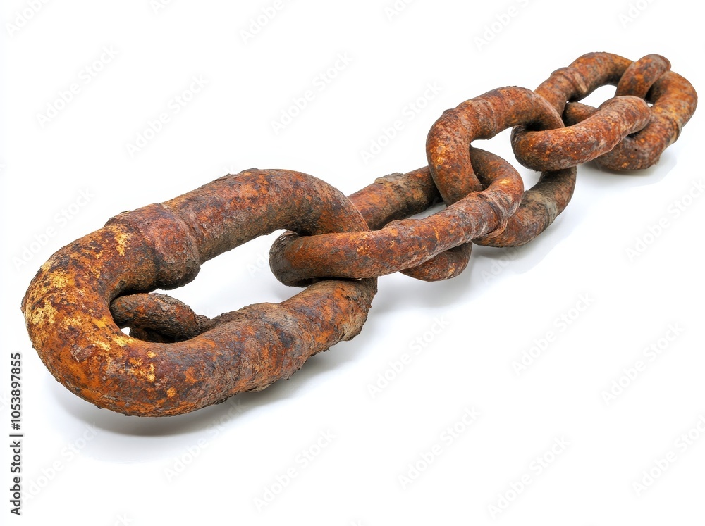 Fototapeta premium White background with an old rusty chain padlocked with a keyed padlock