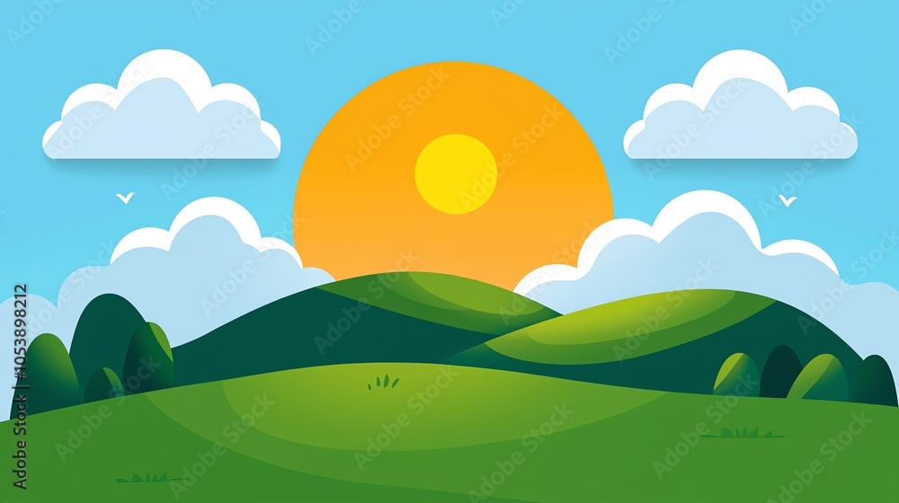 Obraz premium A bright, stylized landscape featuring rolling green hills, a large sun, and fluffy clouds set against a blue sky.