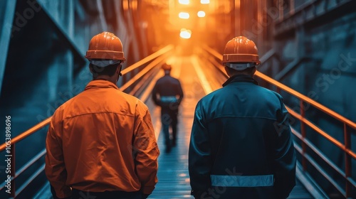 Robot maintenance workers at a fuel processing plant, futuristic metallic environment, glowing conveyor belts robotic fuel plant, automation in energy production photo