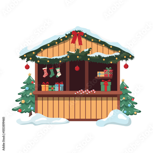 Christmas market stall with presents, fir trees, winter holiday fair with wooden booth. Vector illustration. Christmas market card. Isolated on white background