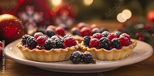 A festive plate of berry tarts garnished with powdered sugar, perfect for holiday celebrations.