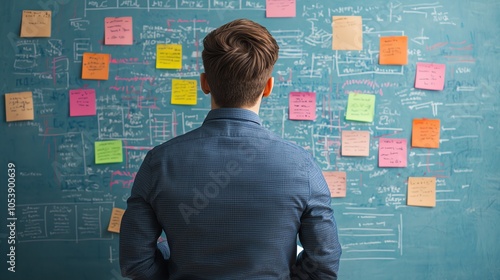 A person standing in front of a colorful post-it note wall, brainstorming ideas and organizing thoughts in a creative workspace. photo