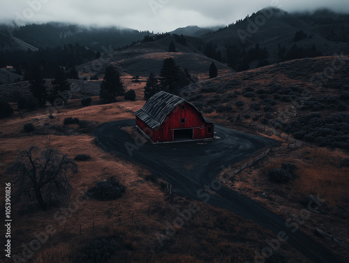 Aerial view of countryside barn with faded red exterior