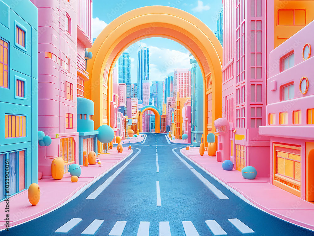 Obraz premium a vibrant and colorful cityscape, featuring a curved walkway with a lagoon-like pool at its center, surrounded by tall buildings and a clear blue sky.
