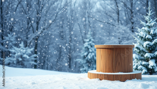 Wallpaper Mural Wooden podium in snowy winter forest for product display Torontodigital.ca