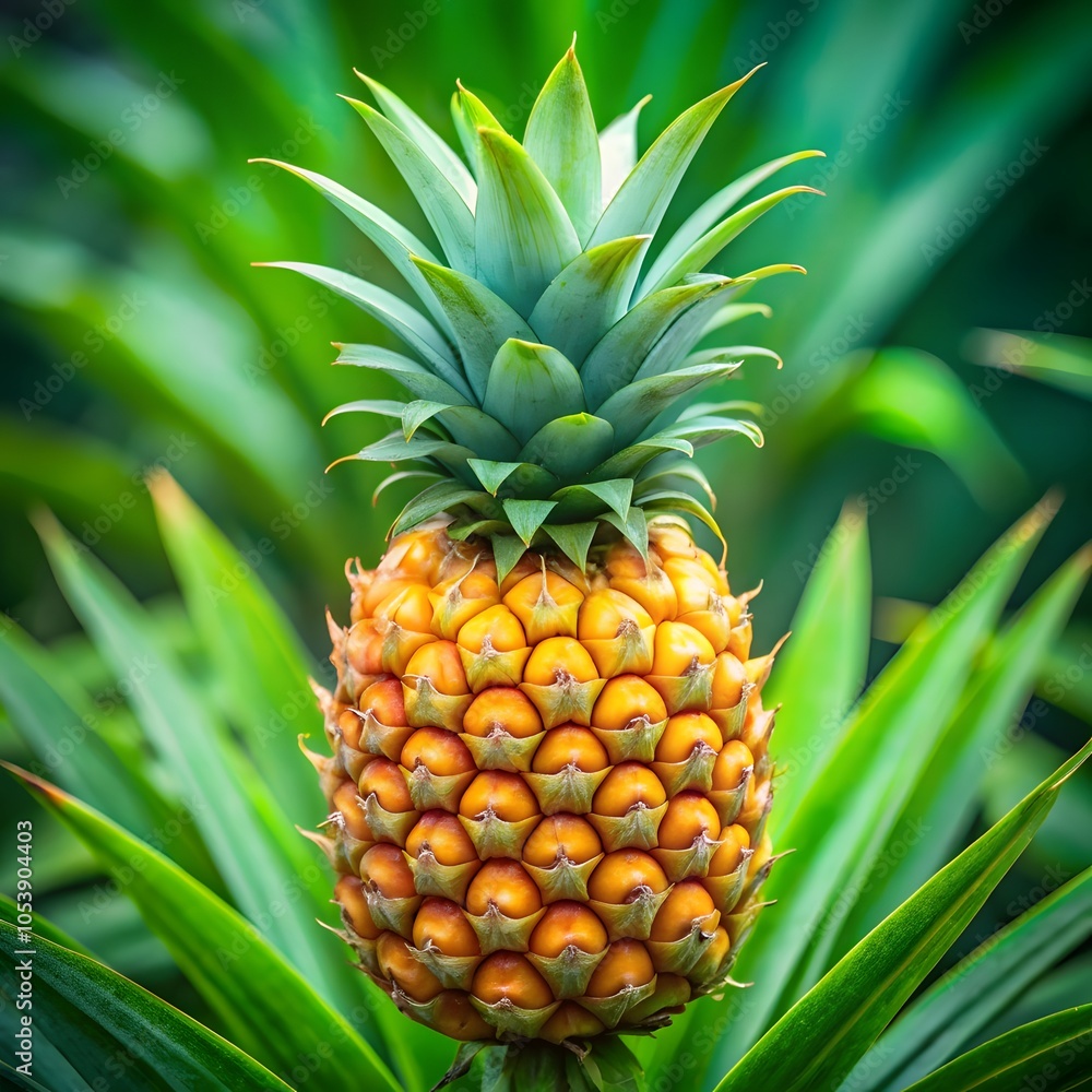 Close-up view of a Tropical Pineapple Plant with Spiky Green Leaves and Textured Yellow Fruit, Blurred Garden Background Close-up view of a Tropical Pineapple Plant with Spiky Green Leaves and Textured Yellow Fruit, Blurred Garden Background