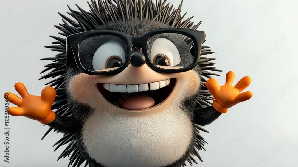 Charming hedgehog joyfully waving and smiling with black glasses Charming hedgehog joyfully waving and smiling with black glasses