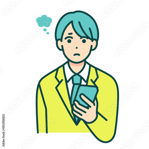 SNSを使う高校生。トラブルを抱え不安やモヤモヤを感じている男の子のイラスト。