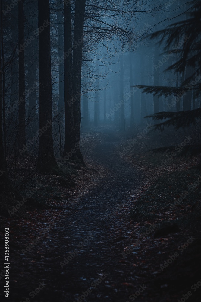 Fototapeta premium A fog-shrouded forest pathway evokes mystery and introspection, under soft, ethereal moonlight at night.