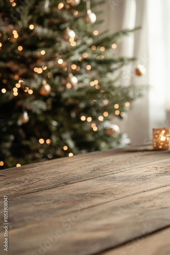 A Christmas tree with lights and ornaments is in front of a wooden table. The table is empty and the tree is the main focus of the image