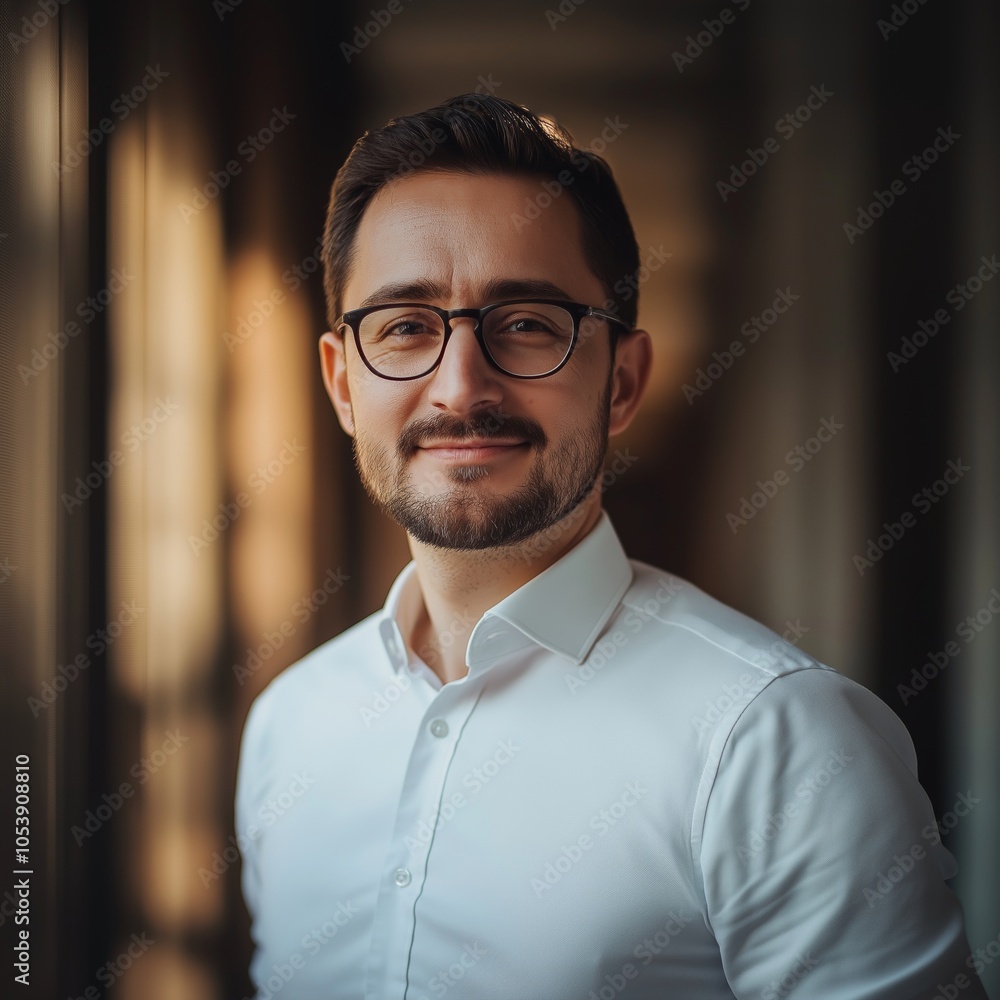 Fototapeta premium A man with glasses and a tidy look smiling gently, bathed in a warm indoor light.