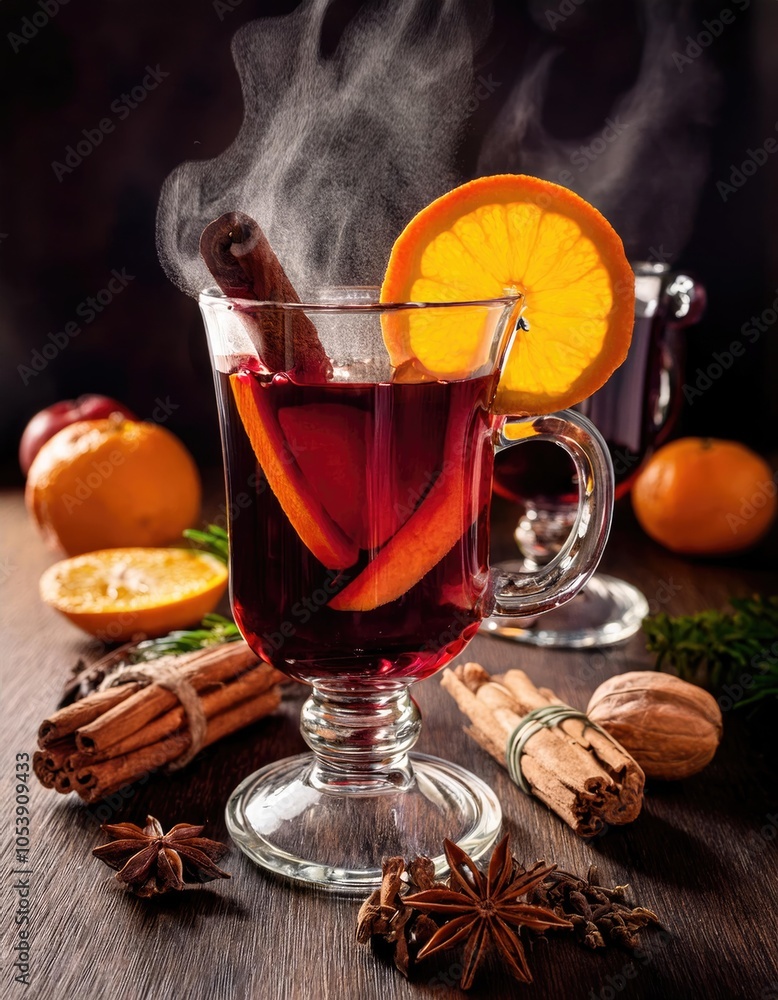 Mulled Wine – steaming glasses of mulled wine with spices, oranges, and cinnamon sticks Mulled Wine – steaming glasses of mulled wine with spices, oranges, and cinnamon sticks