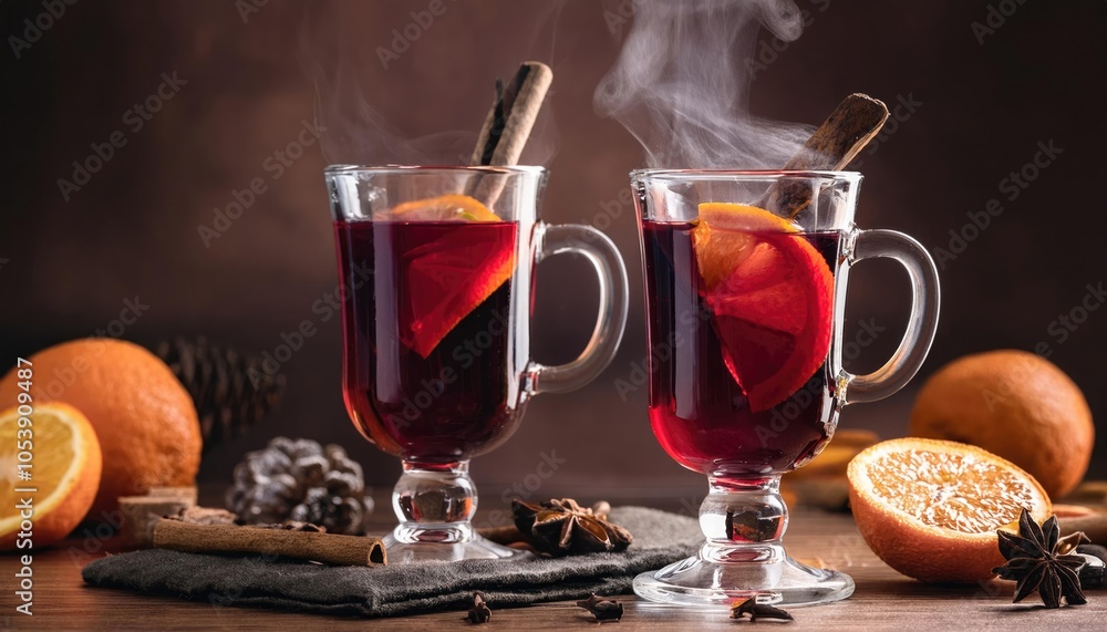 Mulled Wine – steaming glasses of mulled wine with spices, oranges, and cinnamon sticks Mulled Wine – steaming glasses of mulled wine with spices, oranges, and cinnamon sticks