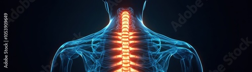 A 3D render of the human spine with glowing bones. photo