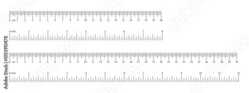Inch, metric rulers. Measuring tool template. Scale for ruler in centimeters, inches. Measuring scales icon. Inches, centimeters measuring scale. Metrics indicators cm, inch. 