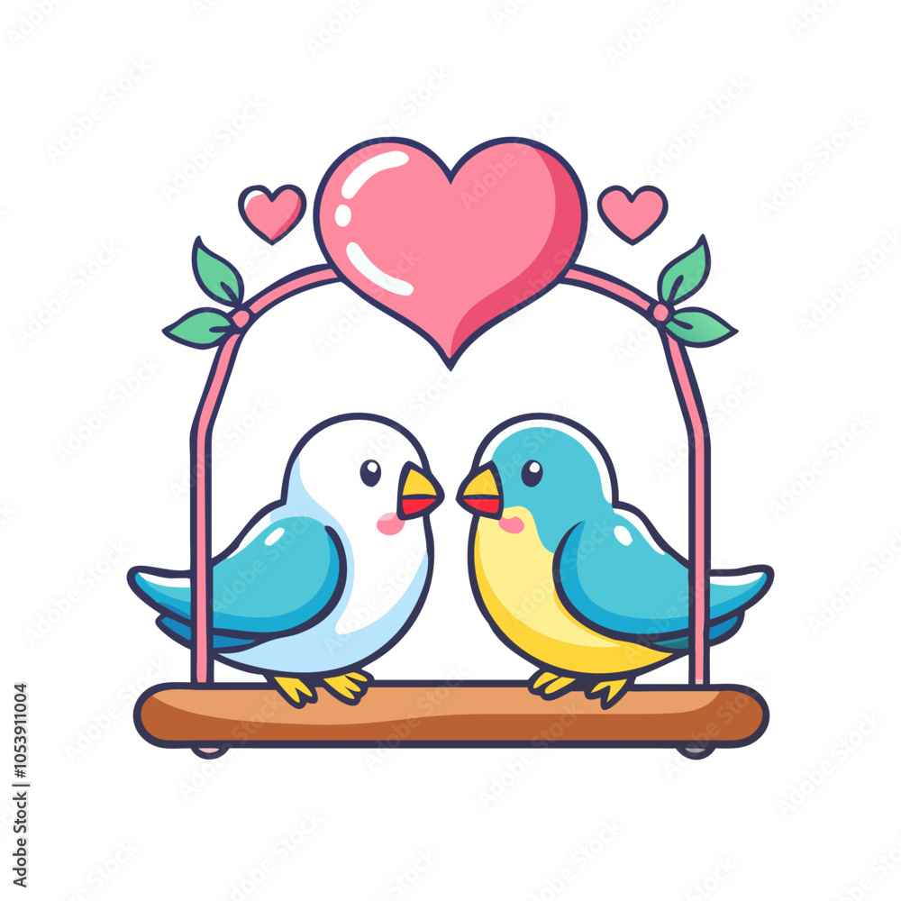 Obraz premium Love Birds on Swing with Hearts and Leaves Illustration