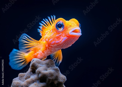 An open mouthed, large, dark-colored fish with sharp teeth, and long, thin bioluminescent appendages extending from its head. photo