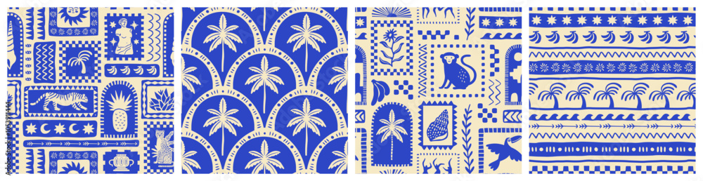 custom made wallpaper toronto digitalRetro hand drawn tropical summer seamless pattern set. Traditional patchwork style background illustration. Vintage exotic nature textile print collection. Jungle animal texture with tiger, palm tree.