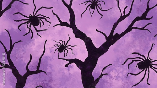 Halloween eerie lavender vector backdrop with playful spider illustrations photo