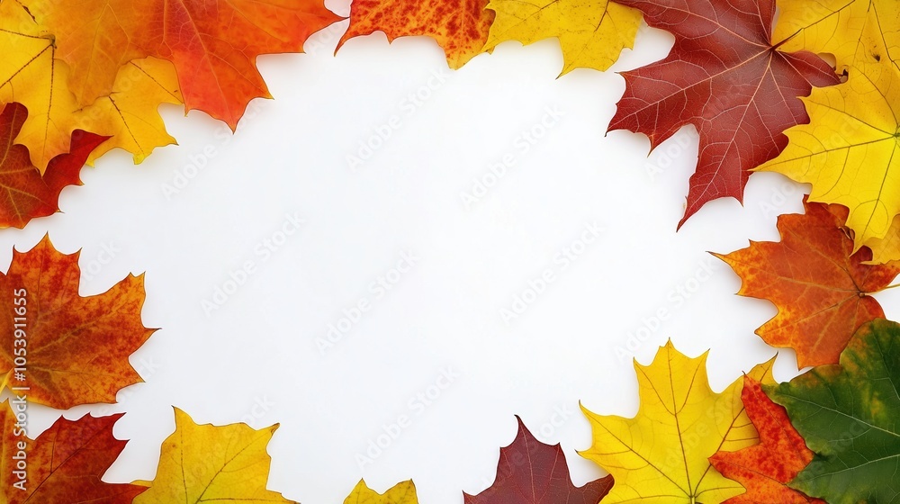 Autumnal, colorful maple leaves arranged on a clean white background, providing ample copy space for text or design elements. This close-up view captures the beauty of fall foliage, making it ideal fo Autumnal, colorful maple leaves arranged on a clean white background, providing ample copy space for text or design elements. This close-up view captures the beauty of fall foliage, making it ideal fo