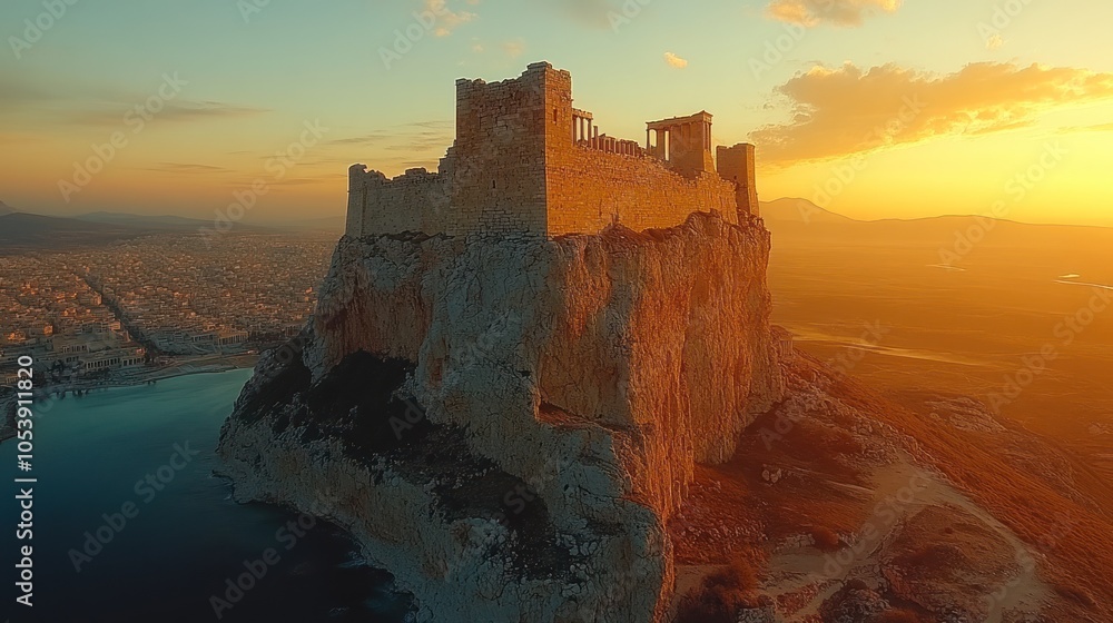 Obraz premium Ancient Temple Ruins on a Clifftop at Sunset