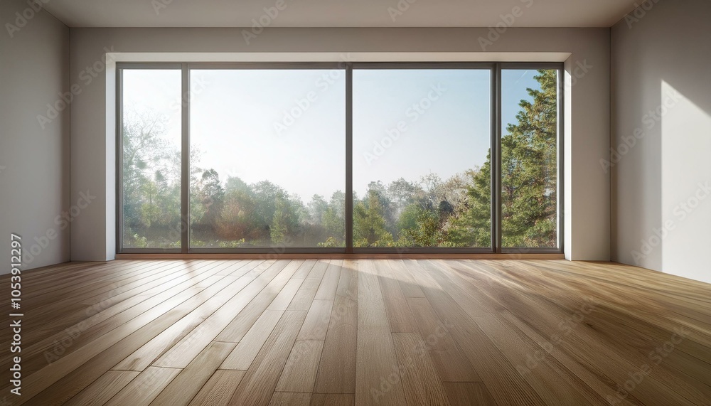 Fototapeta premium Modern empty room with large window and wooden floor. 3D Rendering