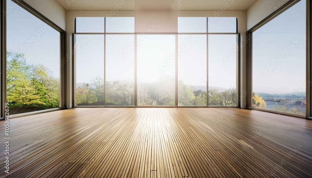 Fototapeta premium Modern empty room with large window and wooden floor. 3D Rendering