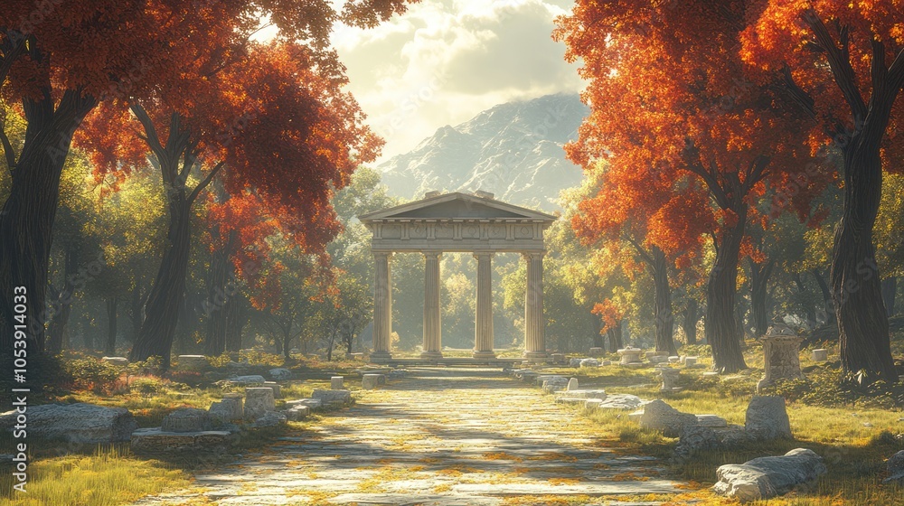 Obraz premium Ancient Ruins in a Sun-Drenched Autumn Forest