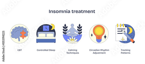 Insomnia treatment icons show brain, bed, meditation, lightbulb, and notepad, transparent background.