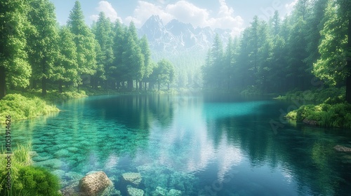 Serene lake surrounded by lush trees and mountains under a clear sky.