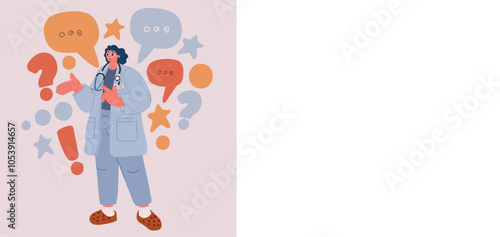 Vector illustration of a female doctor explaining something to a patient, symbolizing care and communication in healthcare.