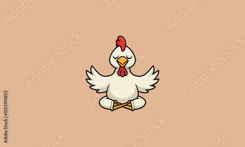 Meditative chicken sitting peacefully with wings spread wide.