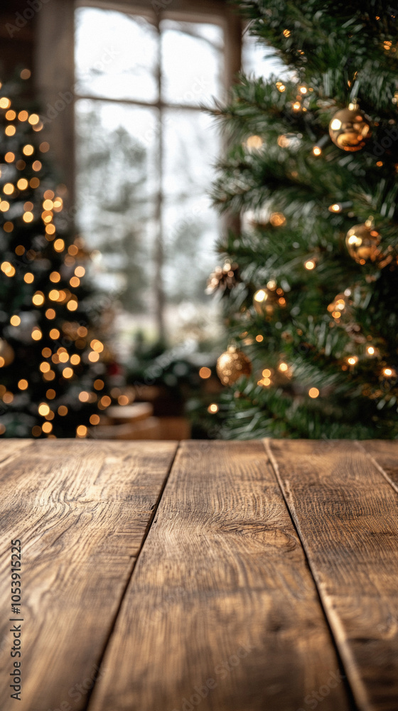 A Christmas tree with lights and ornaments is in front of a wooden table. The tree is surrounded by a few potted plants and a vase. Scene is festive and warm A Christmas tree with lights and ornaments is in front of a wooden table. The tree is surrounded by a few potted plants and a vase. Scene is festive and warm