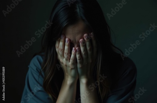 Close-up dark-haired woman crying, covering her face with hands, prevent gender-based violence and abuse concept photo