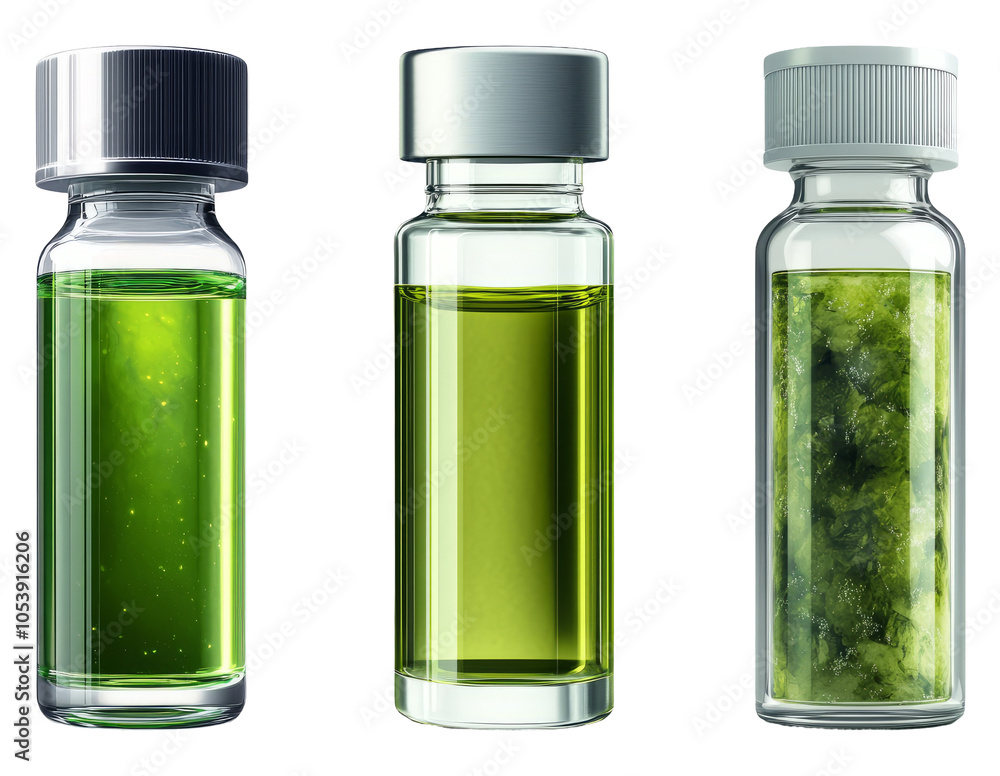 Bottles of Green Liquid and Substance on Transparent Background Bottles of Green Liquid and Substance on Transparent Background