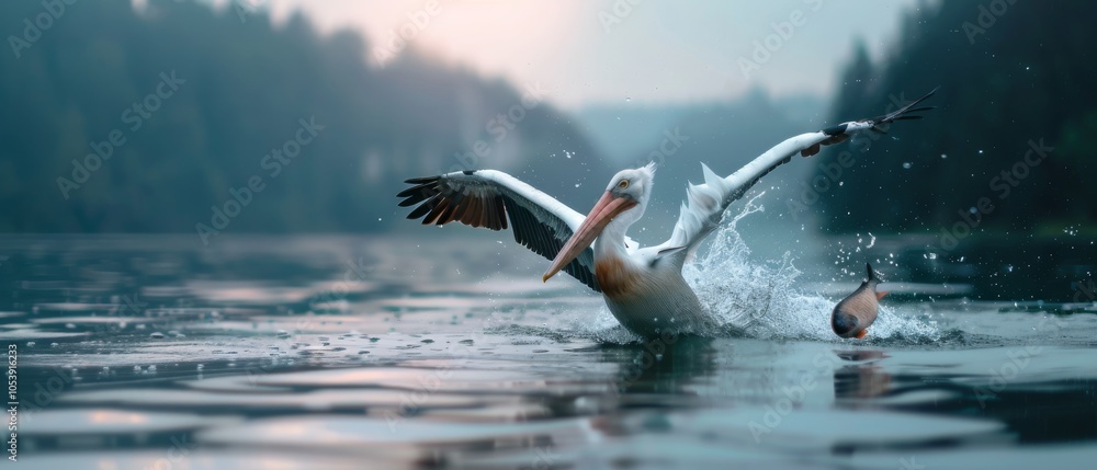Obraz premium A majestic pelican takes flight amidst a tranquil lake, with water droplets and calming scenery embodying grace and freedom.