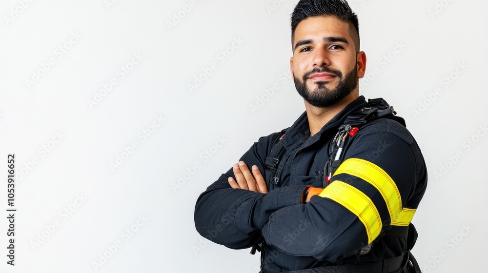 Naklejka premium Confident Hispanic Firefighter in Uniform Portrait